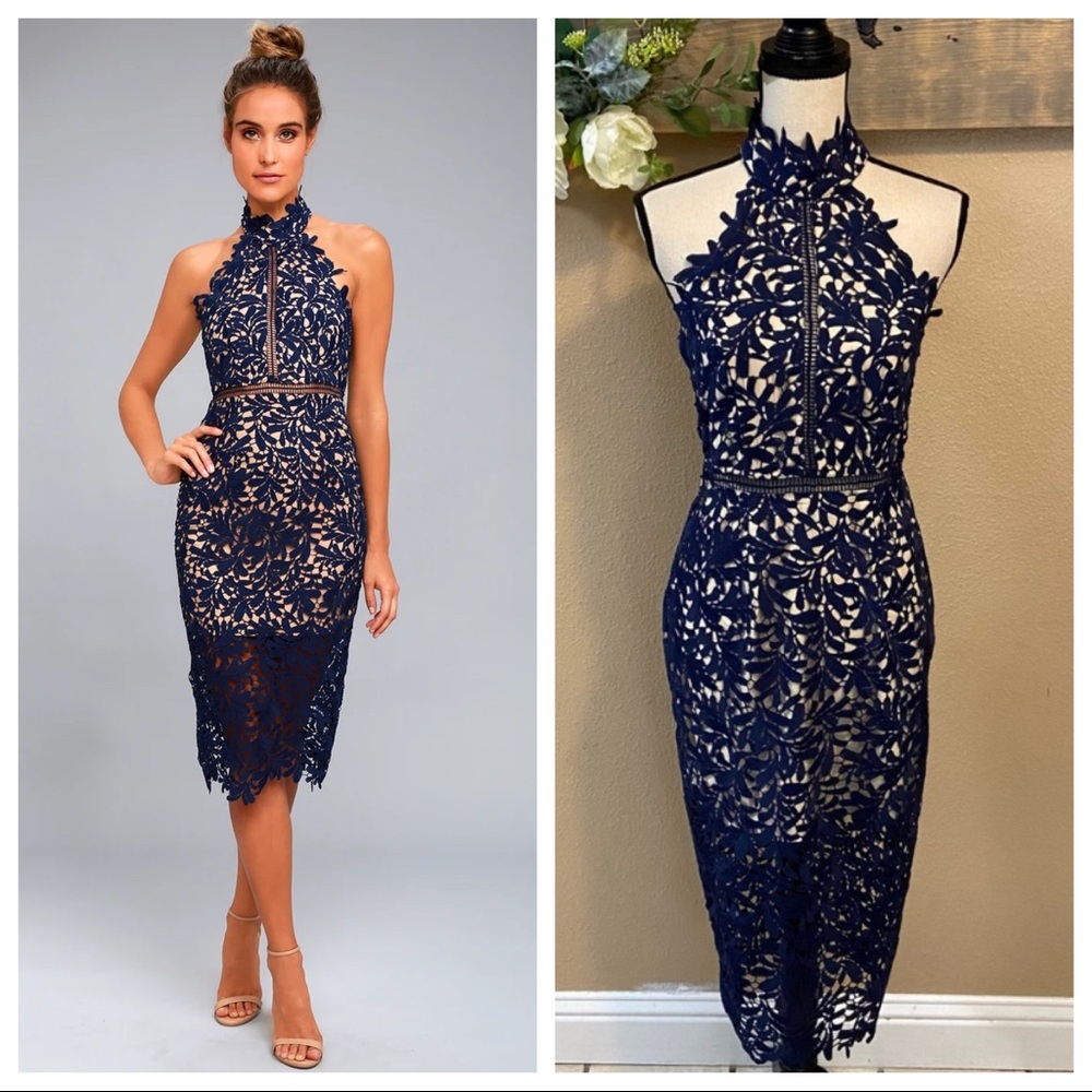 NWOT Lulus Divine Destiny Navy Blue Lace Midi Dress